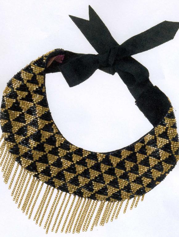 HIGH FASHION COSTUME JEWELLERY NECKLACE OF 100 PERCENT COTTON NET BACKING WITH GROSGRAIN RIBBON FOR CLOSURE. WITH 100 PERCENT GLASS BUGLE BEADS 6MM LONG. WITH BASE METAL CHAINS ATTACHED. SEWN ON WITH 'CATGUT THREAD'. MANUFACTURE: HANDMADE BEADED NECKLACE USING EMBROIDERY AND BEADING TECHNIQUES. VALUE: RECOMMENDED RETAIL PRICE: £180. COST PRICE FOR MAKING: £35. PACKAGING: TISSUE PAPER/BOXES AND RIBBONS.