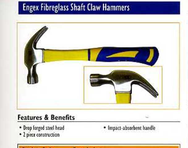 16 OZ CLAW HAMMER  WITH A DROP FORGED STEEL HEAD, FIBREGLASS SHAFT  AND IMPACT ABSORBENT HANDLE