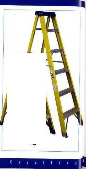 A 4 TREAD STEEL LADDER. WITH FIBREGLASS LEGS. WITH TREADS AND STEPS MADE OF STEEL. WITH AN INTEGRAL TOOL RACK IN THE BLUE TREAD AT THE TOP OF THE LADDER. INDEPENDENTLY TESTED TO NON CONDUCTIVE 30,000 VOLTS RATING.