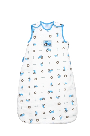 A WOVEN, PADDED GARMENT FOR BABIES, OF A BODY HEIGHT NOT EXCEEDING 86CMS.   THE UPPER PART HAS A ROUND NECKLINE. WITH ARMHOLES. WITHOUT SLEEVES. WITH OPENING ON THE SHOULDERS FASTENED BY PRESS STUDS. THE BASE COMPLETELY ENCLOSES THE LEGS SIMILAR TO A SLEEPING BAG WITH A ZIP FASTENING ROUND THE SIDE. THE PRODUCT IS DESIGNED WITH THE POPPERS TO ATTACH TWO SHAPED SHOULDER STRAPS TO STOP THE BABY FROM FALLING INSIDE THE BAG.  OF WOVEN COTTON OUTER AND KNITTED COTTON JERSEY LINING.  WITH 2.5 TOG POLYESTER WADDING. LENGTH 78CMS AND 48CMS AT WIDEST PART.