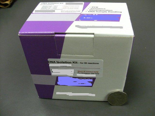 DNA ISOLATION KIT.THE KIT IS USED IN MOLECULAR BIOLOGY LABORATORIES FOR CARRYING OUT RESEARCH STUDIES OF GENOTYPING, PATERNITY AND POPULATION STUDIES, BOTH HUMAN AND VETERINARY. THE KIT IS USED TO ISOLATE THE DNA FROM MOUTH SWABS . THE SWAB IS PLACED IN A TUBE CONTAINING SOLUTIONS FROM THE KIT AND FOLLOWING A NUMBER OF STANDARD LABORATORY PROCEDURES DESCRIBED IN THE INSTRUCTION LEAFLET SUPPLIED WITH THE KIT,THE DNA ON. READY FOR USE IN RESEARCH STUDY.THE KIT CONTAINS FOUR  SOLUTIONS IN POLYPROPYLENE BOTTLES PACKED IN A CARDBOARD BOX WITH THE INSTRUCTIONS AND IS SOLD IN SIZES SUITABLE FOR 3 TO 50 TESTS.THE LABELLING OF THE PACKAGING FURTHER IDENTIFIES THE DNA  KIT AS BEING FOR RESEARCH USE ONLY.