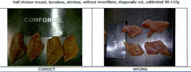 RAW NATURAL CHICKEN HALF BREAST, BONELESS, SKINLESS, WITHOUT INNERS, , MARINATED, FLATTENED AND CUT INTO 2 PIECES CALIBRATED 90-110G (DIAGONAL CUT) FROZEN AND MARINATED. CHICKEN BREAST 85%, 14.2% WATER, 0.5% SALT, 0.3% PHOSPHATE