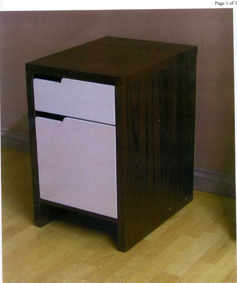 OFFICE FURNITURE COMPRISING A PI FILING CABINET MADE OF WALNUT WOOD. THE DOORS ARE WHITE FOILED. PACKAGED FOR RETAIL SALE IN A BROWN CARDBOARD BOX. MEASUREMENTS 62CM H X 50CMW X 39CMD