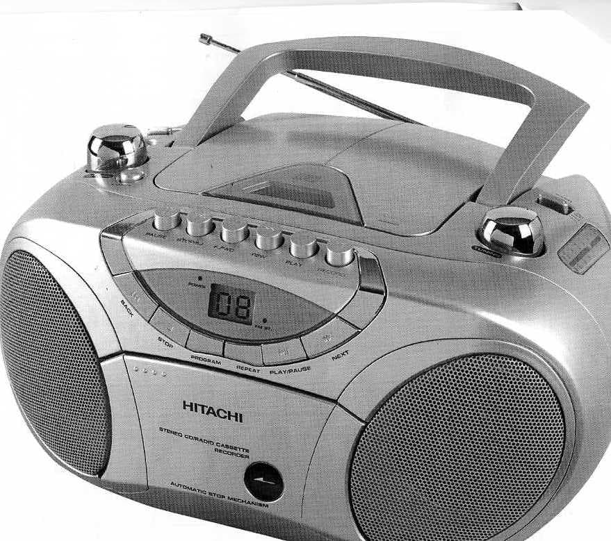 PORTABLE STEREO CD/ RADIO/CASSETTE RECORDER.  ANALOGUE RADIO TUNER.  CD-R/CD-RW PLAYBACK. REPEAT CD PLAY. TRACK PR0GRAMMABLE. SINGLE CASSETTE TAPE PLAYER WITH AUTO STOP (PLAY ONLY). BASS BOOST SPEAKERS. LCD DISPLAY. HEADPHONE SOCKET.  MAINS AND BATTERY OPERATED. DIMENSIONS 23.4CM WIDTH X 31CM DEPTH X 16CM HEIGHT. WEIGHT 2.5KG.