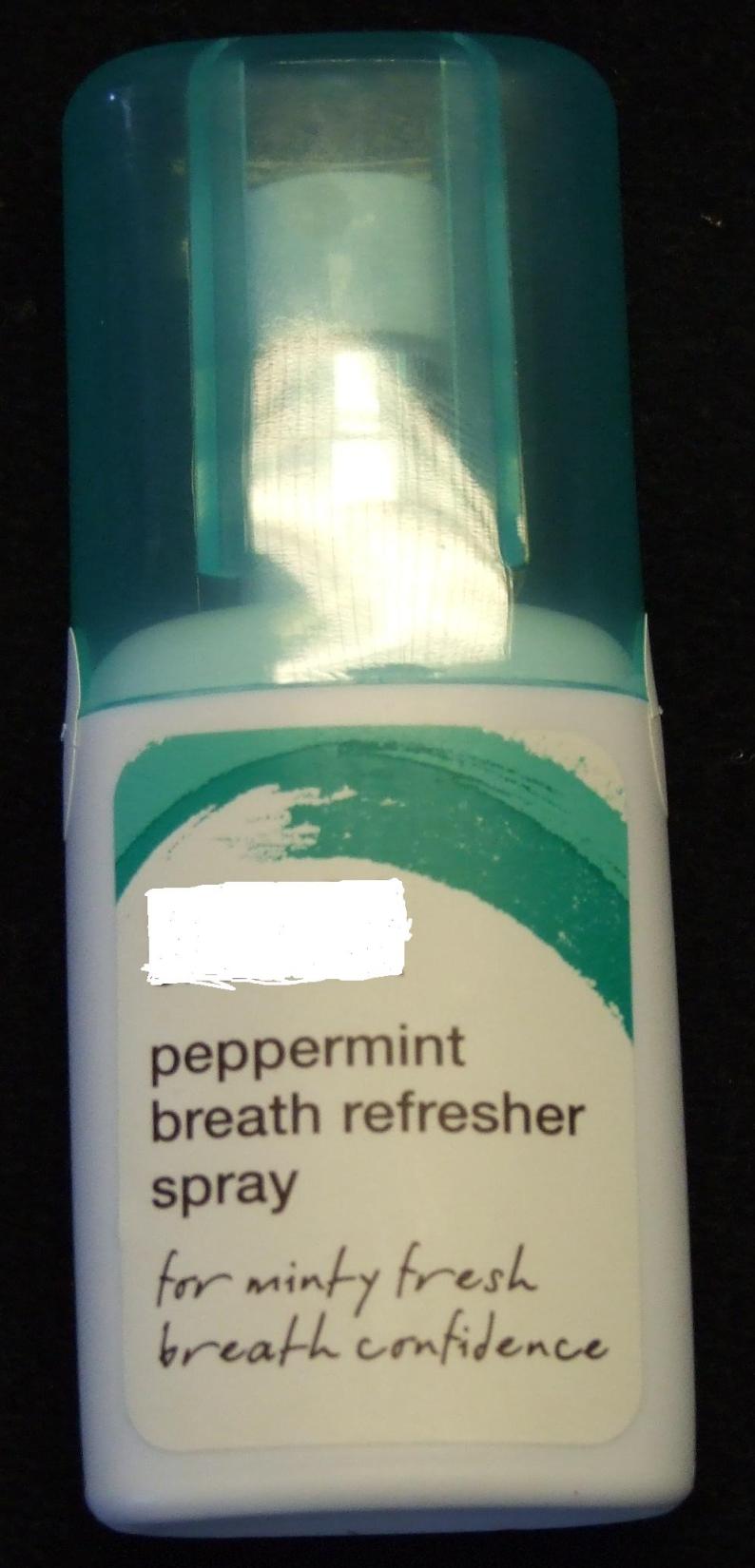 PEPPERMINT BREATH FRESHENER SPRAY. USED TO SPRAY DIRECTLY INTO YOUR MOUTH. WITH ANTI-BACTERIAL INGREDIENT. SUGAR FREE. CONTAINED IN 20 ML SPRAY. INGREDIENTS  AQUA, ALCOHOL, GLYCERIN, SORBITOL, AROMA, PEG-40 HYDROGENATED CASTOR OIL, SODIUM SACCHARIN, SODIUM BENZOATE, CETYLPYRIDINIUM CHLORIDE,  BENZYL SALICYLATE, ISOEUGENOL, EUGRNOL, LIMONENE. CFC FREE.