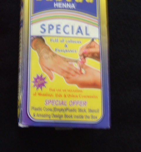 HENNA  COLOURING KIT. PUT UP FOR RETAIL SALE IN 110 GRAMS. IT IS A NATURAL MATERIAL DERIVED FROM PLANT  LEAVES. GREEN IN COLOUR. FULL OF COLOUR AND FRAGRANCES. USED TO DECORATE THE HANDS  ON OCCASIONS  OF MARRIAGE, EIDS AND OTHER OCCASIONS.THE KIT CONTAINS NATURAL HENNA , TERPINOL, CITRIC ACID,  PLASTIC CONE, PLASTIC STICK, STENCIL AND DESIGN BOOK.