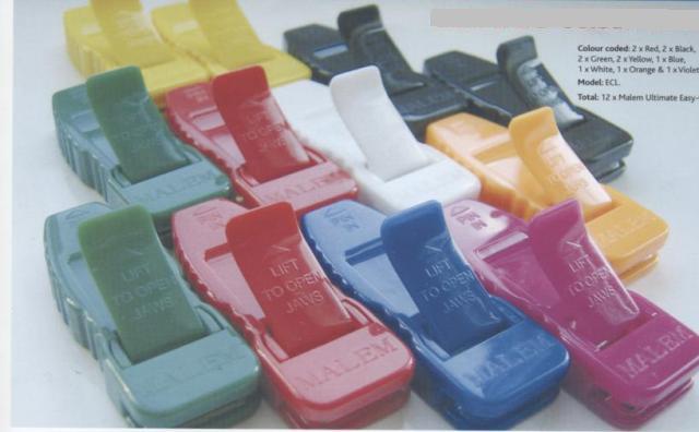 PLASTIC ECG CLIPS MADE FROM NON CELLULAR PLASTIC WITH METAL CONTACTS.  COLOUR CODED TO MATCH SPECIFIC MACHINES.  FEATURES INCLUDE: SNAP & LOCK OVERSTUD, LOCKS ON TO TAB ELECTRODE, FITS 3-4MM PINS, ELMINATES TWISTING, HOLDS ELECTRODES FLAT, SUPERIOR CONTACT, HIGH QUALITY TRACING.  PACKAGED FOR RETAIL SALE IN A CARDBOARD BOX OF TWELVE.