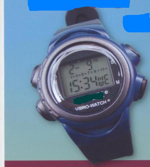 MULTI-FUNCTION VIBRATING ALARM WRIST WATCH WITH A PLASTIC FACE AND PLASTIC WATCH STRAP. IN BLUE, WHITE OR PINK.  A DIGITAL MULTI-FUNCTION WATCH FEATURING 12 INDEPENDENT SPECIFIC-TIME SILENT VIBRATING ALARMS AND A PERIODIC AUTO-REPEATER VIBRATING ALARM. CAN BE USED FOR BLADDER EMPTYING VIBRATING REMINDER, MEDICATION VIBRATING REMINDER AND BEHAVIOURAL MODIFICATION PROGRAMS. OPERATED VIA A SINGLE LITHIUM BATTERY.  USED TO REMIND FORGETFUL PATIENTS TO TAKE THEIR MEDICATION ON TIME. PACKAGED FOR RETAIL SALE IN A CARDBOARD PICTURE BOX.