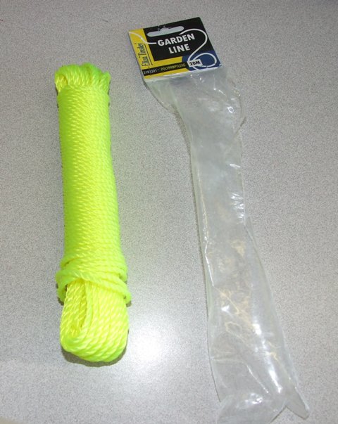 3 PLY POLYPROPYLENE GARDEN LINE. TWISTED. MEASURING 45 000 DECITEX (4.5 G/M). IN LENGTHS OF 20 METRES. YELLOW IN COLOUR. PUT UP FOR RETAIL SALE IN A PLASTIC BAG WITH CARDBOARD HEADER.