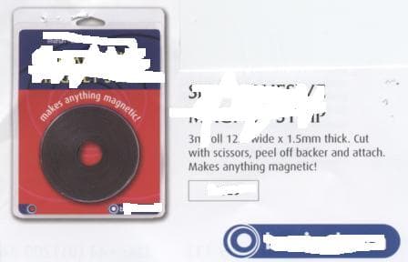 SELF ADHESIVE MAGNETIC STRIP MADE FROM AGGLOMERATED FERRITE  PACKAGED FOR RETAIL SALE IN 3 METRE ROLLS MEASURING 12.7MM WIDE X 1.5MM THICK. TO BE CUT AND ATTACHED TO MAKE ANYTHING MAGNETIC.