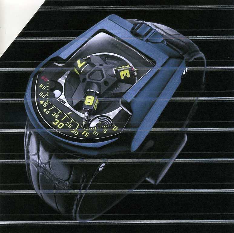 MENS WRIST WATCH WITH BLUE PLATINIUM CASE, AUTOMATICALLY WOUND MOVEMENT, BLACK STRAP  AND TITANIUM CASE BACK.