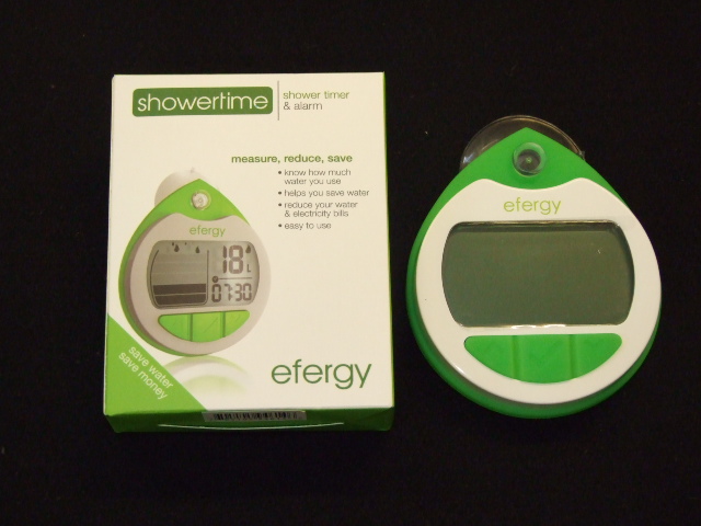 A BATTERY-OPERATED, WATER RESISTANT SHOWER TIMER AND ALARM WITH CALIBRATION BAG, LANYARD AND SUCTION CAP. TIMER HAS  A DIGITAL CLOCK AND A PROGRAMMABLE ALARM FUNCTION. PACKAGED TOGETHER FOR RETAIL SALE IN A CARDBOARD BOX. THE TIMER ALLOWS YOU TO MONITOR THE AMOUNT OF WATER USED AT EVERY SHOWER. CALIBRATE TO OWN SHOWER BY USING THE MEASURING BAG AND SET OWN CONSUMPTION TARGET.