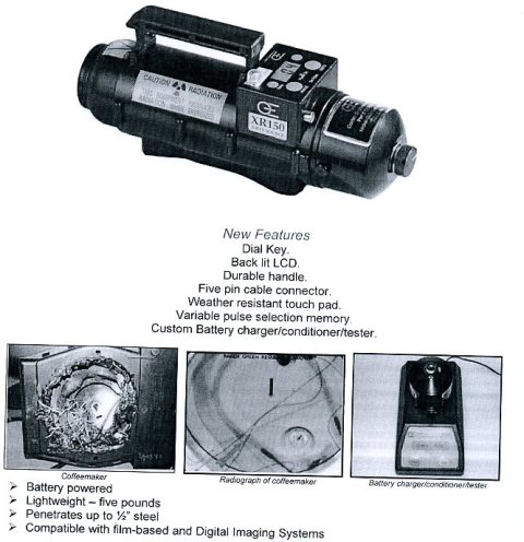 A PORTABLE BATTERY OPERATED POWER PULSED X-RAY MACHINE THAT CAN BE USED TO VIEW X-RAY IMAGES VIA A MANUAL FILM PROCESSOR AND POLAROID RADIOGRAPHIC CASSETTE. LENGTH 26.5CM, WIDTH 8CM, HEIGHT 10CM, WEIGHT 2KG. USED FOR SECURITY AND LIGHT INDUSTRIAL APPLICATIONS, CAPABLE OF PENETRATING HALF INCH OF STEEL. CAN BE USED IN REMOTE LOCATIONS.