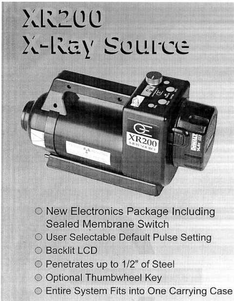 A PORTABLE  X-RAY SOURCE THAT ONCE CONNECTED TO A POWER SOURCE (CHARGED BATTERY) CAN BE USED TO VIEW X-RAY IMAGES VIA EITHER A VIDEO INSPECTION SYSTEM OR POLAROID INSTANT RADIOGRAPHIC FILM. SIZE INCLUDING BATTERY PACK 31.75CM X 11.5CM X 19CM. WEIGHT INCLUDING BATTERY PACK 5.5KG. FOR INDUSTRIAL USE, ABLE TO PENETRATE A HALF INCH OF STEEL.