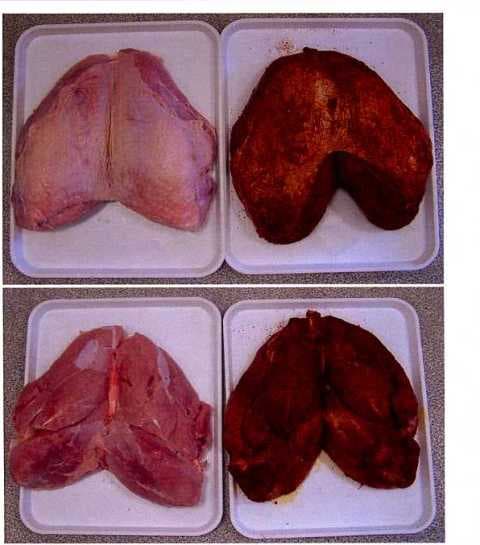 FROZEN, SKIN-ON, BONELESS TURKEY BREAST BUTTERFLY COVERED IN A RED PAPRIKA SPICE MIX, INDIVIDUALLY PACKED. RAW TURKEY MEAT 98.5%, SEASONING 1.5%. SEASONING COMPOSITION : PAPRIKA OLEORESIN 10%, PAPRIKA SPICE 28.46%, SALT 23.08%, SUGAR 23.08%, ONION POWDER 7.69%, CRACKED BLACK PEPPER 7.69%.