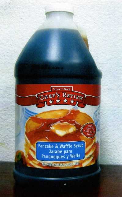 A 1.89 LITRE BOTTLE OF PANCAKE AND WAFFLE SYRUP. INGREDIENTS : WATER 17.95%, POTASSIUM SORBATE 0.10%, CORN SYRUP 59.39%, HIGH FRUCTOSE CORN SYRUP 22.46%, CARBOXYMETHYL CELLULOSE 0.13%, SUGAR 0.67% , CITRIC ACID 0.02%, SALT 0.08%, CARAMEL COLOUR 0.08%
