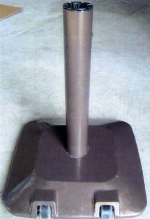 A STAND DESIGNED FOR USE WITH A GARDEN UMBRELLA.  WITH A BASE OF CAST IRON AND A HOLLOW POST OF ALUMINIUM.