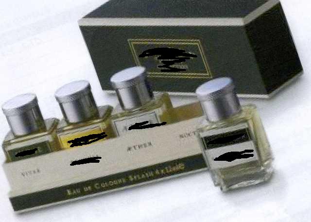 A SET OF FOUR 12 ML SAMPLES OF EAU DE TOILETTE COLOGNE FOR MEN CONSISTING OF ALCOHOL, FRAGRANCE AND WATER. PRESENTED IN 4 GLASS BOTTLES WITH STAINLESS STEEL CAPS. PACKAGED IN A PAPER AND CARDBOARD PRESENTATION BOX.