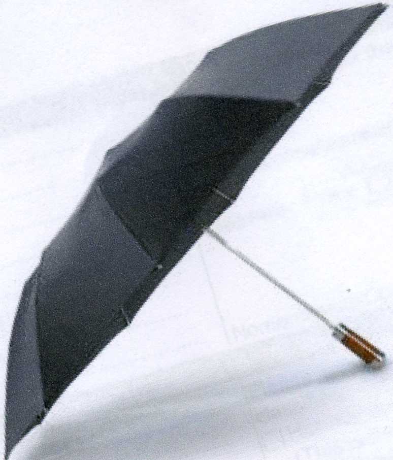 UMBRELLA WITH TELESCOPIC SHAFT. MADE OF POLYESTER FABRIC. WITH STEEL FRAME.WITH WOOD HANDLE.MEASUREMENTS APPROX 110CM (D) OPEN. 58CM(L) OPEN. 39CM (L) CLOSED. COLOUR BLACK WITH MATCHING PRESS STUD FASTENING COVER.