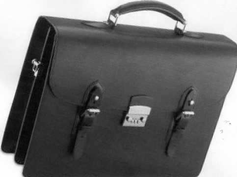 A TWO POCKET BUCKLED BRIEFCASE MADE OF LEATHER. HAS TWO POCKETS WITH PIGSKIN LINING AND A CARRYING HANDLE. MEASUREMENTS ARE APPROX L420MM XH300MM XW110MM. BROWN IN COLOUR