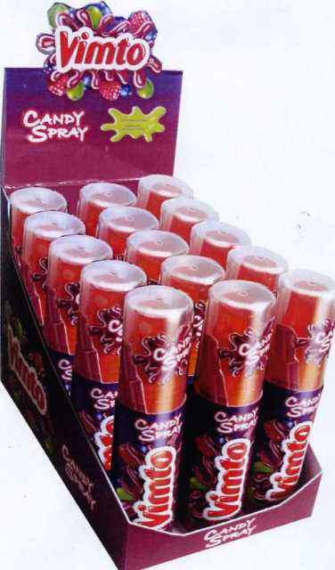 A FRUIT - VIMTO - FLAVOURED LIQUID CANDY SPRAY, INGREIENTS : WATER 69.36%, SUGAR 27.43%, CITRIC ACID, SODIUM CITRATE, FLAVOURS, SODIUM BENZOATE, POTASSIUM SORBATE.