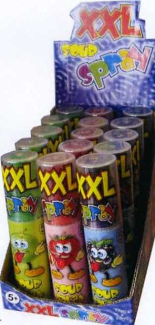 A RETAIL PACK OF SOUR FRUIT FLAVOURED , STRAWBERRY, APPLE, RASPBERRY ,LIQUID CANDY SPRAYS. INGREDIENTS : WATER 72.3%, SUGAR 25.3%, CITRIC ACID, FLAVOURS, SODIUM BENZOATE, POTASSIUM SORBATE.