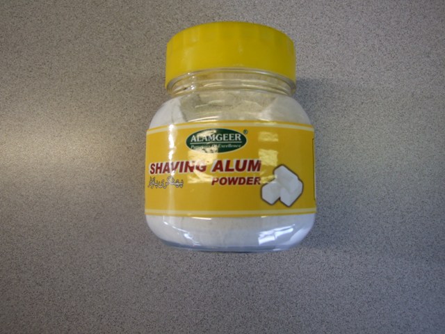 SHAVING  ALUM POWDER PUT UP AS A SHAVING OR AFTER SHAVE PREPARATION..PRODUCT IS PURE AND HAS NOT GONE THROUGH ANY MANUFACTURING PROCESSES. THIS PRODUCT IS A NATURAL ANTISEPTIC USED AFTER A SHAVE TO STOP BLEEDING OR CUTS.PACKAGED FOR RETAIL SALE IN A PLASTIC BOTTLE WEIGHING APPROXIMATELY 145 GRAMS.