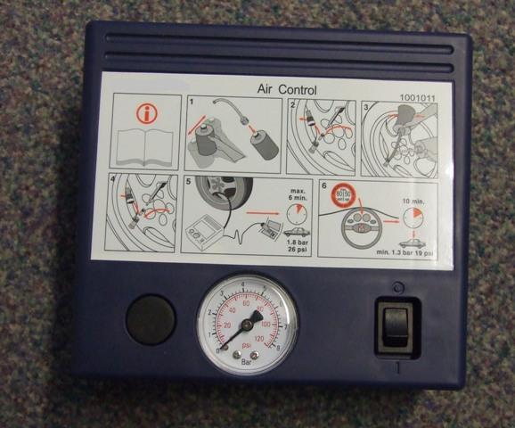 ELECTRIC PUMP. THE AIR PUMP IS DESIGNED TO BE PLUGGED INTO A CAR CIGARETTE LIGHTER SOCKET IN A VEHICLE. IT IS USEDTO INFLATE PNEUMATIC TYRES AND  HAS A SELF CONTAINED MOTOR,  A RATED VOLTAGE OF 12V(DC) ,WITH AN INTEGRATED PRESSUR GAUGE. WORKS ON A MAXIMUM OF 6 MINUTES AT 1.3 BAR,26PSI AND A MINIMUM OF 10 MINUTES AT 1.3 BAR ,19PSI. SPECIFICATIONS DO NOT SHOW FLOW PER HOUR MEASURMENT. DIMENSIONS FOR THE PUMP ARE    AND IT WEIGHS 1260G.