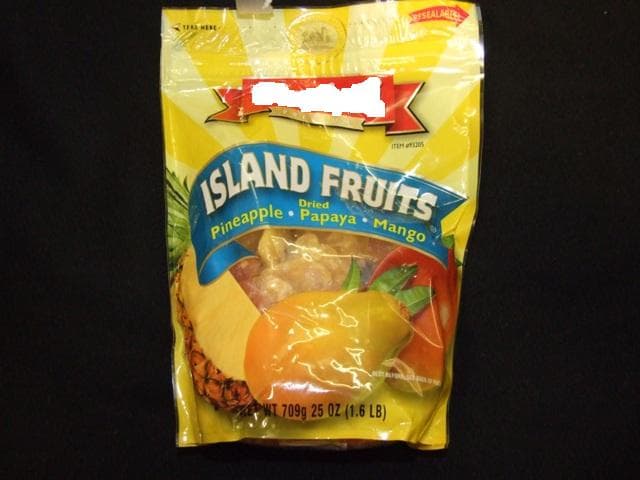 DRIED FRUIT MIX CONSISTING OF PINEAPPLE, PAPAYA AND MANGO. CONTAINS FRUITS, SUGAR, JUICES, AND SULFUR DIOXIDE.