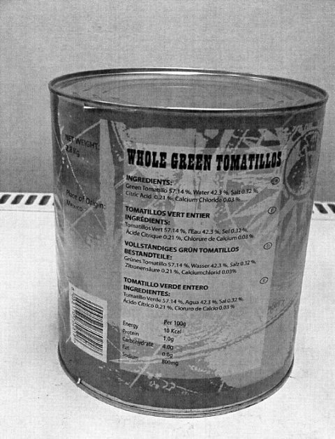 GREEN TOMATILLO.THE PRODUCT IS PRESENTED IN A 2.8 KG TIN CAN. INGREDIENTS INCLUDE GREEN TOMATILLO,WATER,CALCIUM CHLORIDE AND SALT.