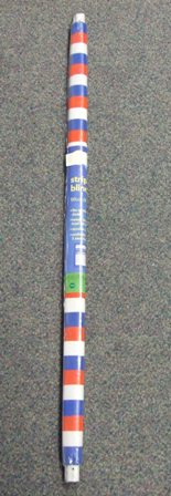 A PLASTIC BLIND, MADE UP OF RED, WHITE AND BLUE STRIPS OF PLASTIC. ON A POLE WITH HOLES DRILLED IN THE ENDS FOR MOUNTING AT A DOORWAY.  90CMS WIDE, 2 METRES LONG. PACKED IN PLASTIC WRAPPING WITH PAPER INSERT DESCRIBING THE BLIND AND STATING FOR INDOOR USE ONLY.