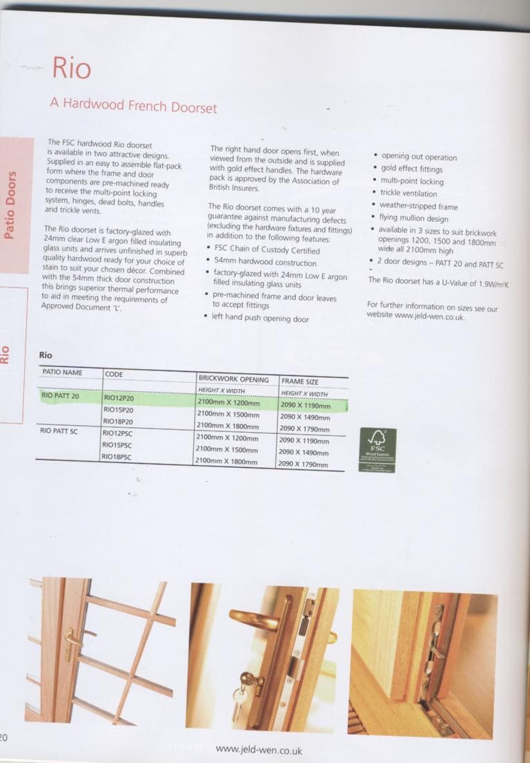HARDWOOD FRAMED DOUBLE GLAZED PATIO DOOR FOR EXTERNAL USE OF SOLID / LAMINATED AMBURANA CEARENSIS TIMBER. FRAME SIZE 2090 MM X 1190 MM. THE GLASS UNITS IN THE DOOR CONSIST OF TWO PANELS OF GLASS  SEPARATED BY A LAYER OF ARGON GAS.