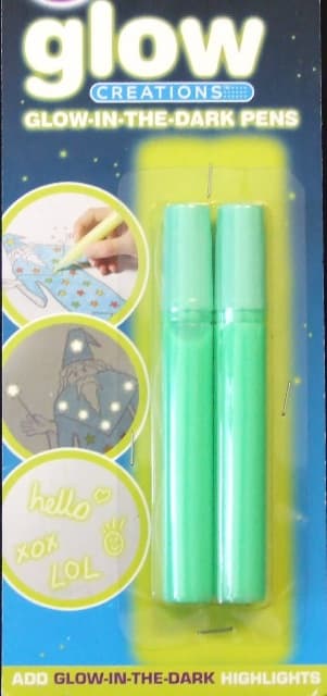 SETS OF 2 GLOW PENS. PENS ARE DESIGNED TO ADD GLOW IN THE DARK HIGHLIGHTS TO ART AND CRAFT PROJECTS. PACKAGED ON A CARD AND PUT UP FOR RETAIL SALE. PEN CONTAIN 10ML OF GLOW HIGHLIGHTER LIQUID. FOR 6 YEARS PLUS.