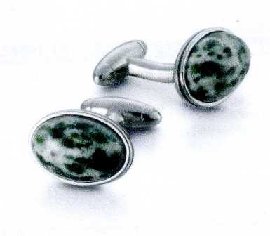 PAIR OF CUFFLINKS. OF STAINLESS STEEL DECORATION WITH SERAPHINITE STONE IN THE CENTRE. PACKED IN  A PLASTIC AND PAPER GIFT BOX.