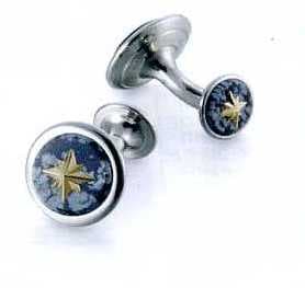 A PAIR OF CUFFLINKS. OF STAINLESS STEEL WITH AGATE STONE AND NINE CARAT GOLD SNOWFLAKE IN THE CENTRE. ROUND IN SHAPE. SNOWFLAKE DECORATION IS ALSO ON THE BOTTOM PART OF THE CUFFLINKS. PACKAGED FOR RETAIL SALE IN A PLASTIC AND PAPER GIFT BOX.