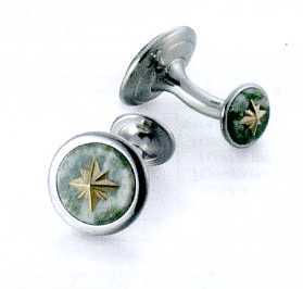 A PAIR OF CUFFLINKS. OF STAINLESS STEEL WITH SERAPHINITE STONE AND NINE CARAT GOLD SNOWFLAKE IN THE CENTRE. ROUND IN SHAPE.SNOWFLAKE DECORATION IS ALSO ON THE BOTTOM PART OF THE CUFFLINKS.  PACKAGED FOR RETAIL SALE IN A PLASTIC AND PAPER GIFT BOX.