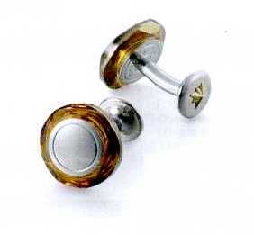 A PAIR OF CUFFLINKS. OF STAINLESS STEEL WITH A COPPER STONE AT THE RIM. WITH NINE CARAT GOLD STAR SHAPE CENTRE ON THE BOTTOM PART OF THE CUFFLINKS. PACKAGED FOR RETAIL SALE IN A PLASTIC AND PAPER GIFT BOX.