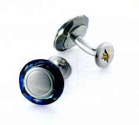 A PAIR OF CUFFLINKS. OF STAINLESS STEEL WITH A BERMUDA BLUE STONE AT THE RIM. WITH NINE CARAT GOLD STAR SHAPE CENTRE ON THE BOTTOM PART OF THE CUFFLINKS. PACKAGED FOR RETAIL SALE IN A PLASTIC AND PAPER GIFT BOX.