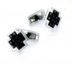 A PAIR OF CUFFLINKS. OF STAINLESS STEEL WITH 12 BLACK JET FACETED GLASS CRYSTALS. CROSS SHAPED. PACKAGED FOR RETAIL SALE IN A PLASTIC AND PAPER GIFT BOX.