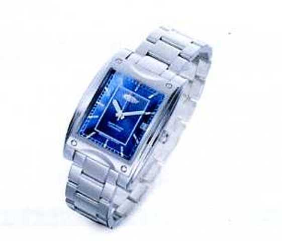WRIST WATCH WITH BLUE DIAL AND STAINLESS STEEL STRAP. 25 JEWEL SWISS MADE AUTOMATIC MOVEMENT. DIAL SIZE 30.5MM HIGH X 24MM WIDE. PACKED IN A PLASTIC AND PAPER GIFT BOX.
