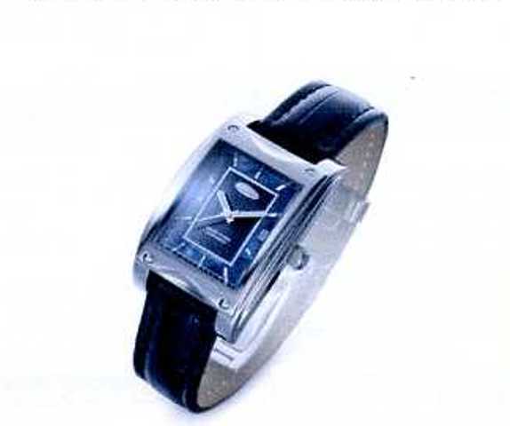 WRIST WATCH WITH BLACK DIAL AND LEATHER STRAP. 25 JEWEL SWISS MADE AUTOMATIC MOVEMENT. DIAL SIZE 30.5MM HIGH X 24MM WIDE. PACKED IN A PLASTIC AND PAPER GIFT BOX.