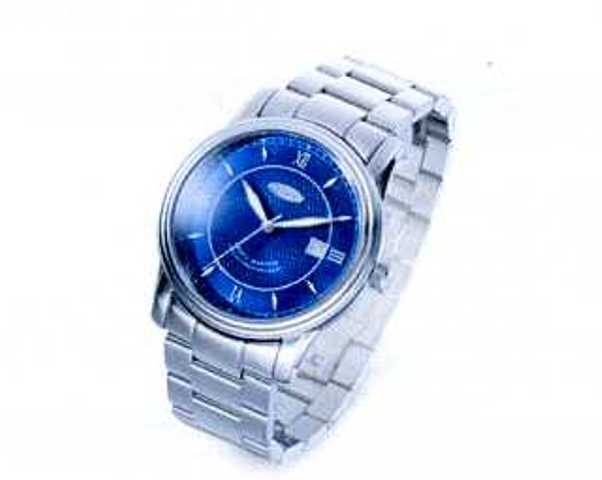 WRIST WATCH WITH BLUE DIAL AND STAINLESS STEEL STRAP. 25 JEWEL SWISS MADE AUTOMATIC MOVEMENT. DIAL SIZE 37MM DIAMETER. PACKED IN A PLASTIC AND PAPER GIFT BOX.