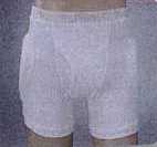 KNITTED UNDERWEAR FOR MEN WITH INCORPORATED HIP PROTECTOR.  DESIGN TO COVER THE LOWER BODY FROM THE WAIST THE UPPER THIGH.  WITH A FLY OPENING TO THE FRONT.  GARMENT INCORPORATES REMOVABLE PADDING WHICH IS DESIGNED TO PROTECT THE HIP BONES SHOULD THE WEARER FALL.  MADE OF A COTTON/POLYESTER SPANDEX MIX (COTTON 95 PERCENT, POLYESTER SPANDEX 5 PERCENT).