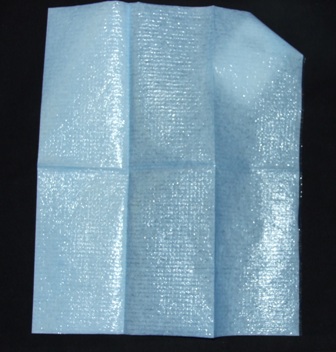 SINGLE USE 2 PLY DENTAL BIB.  MEASURING APPROXIMATELY 45 X 50 CMS. MADE OF 0.1MM THICK TISSUE PAPER WITH THINNER 0.02MM LAYER OF POLYTHENE PLASTIC ON ONE SURFACE.  NOT PACKED FOR RETAIL SALE. FOR USE BY NHS AS A SINGLE USE DISPOSABLE DENTAL BIB.