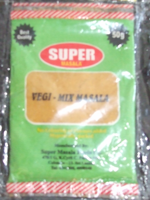 VEGI MIX MASALA - A BLEND OF SPICE MIXTURES SUCH AS TURMERIC, CHILLI, CORIANDER, CUMIN SEEDS, FENNEL SEEDS, TOOR DHAL, PEPPER, MUSTARD, FENUGREEK & CURRY LEAVES. PUT UP FOR RETAIL SALE.