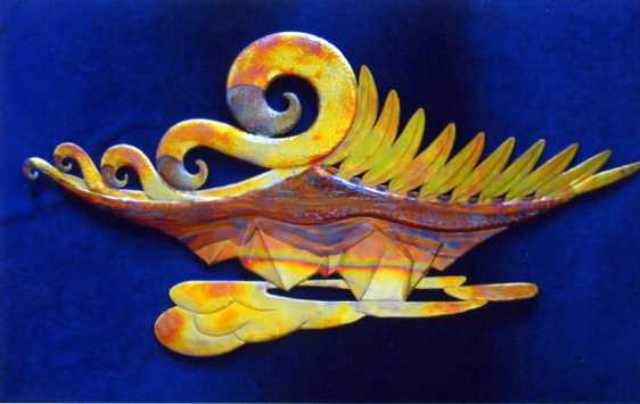 AN ORIGINAL HAND CRAFTED COPPER SCULPTURE.MIXED COLOURS INCLUDING YELLOW, BROWN, BLUE.THE SCULPTURE IS FOR WALL HANGING. DESIGNED BY IAN PHILLIPS OF HOKITIKA, NEW ZEALAND.