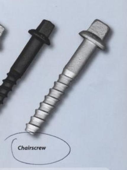 A STEEL BOLT FOR FIXING RAILWAY TRACK TO WOODEN SLEEPERS. WITH A SQUARE OR RECTANGULAR UNSLOTTED HEAD AND WIDE-SPACED THREAD.