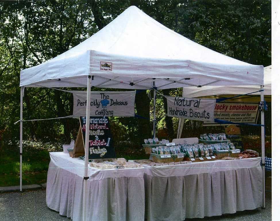 A MARKET STALL COMPRISING A STEEL FRAMEWORK AND A POLYESTER ROOF. THE STALL IS FOR SELF ASSEMBLY. ROOF IS DARK GREEN AND WHITE IN COLOUR. THE STALL COLLAPSES AND CAN BE STORED IN A WHEELED CARRY BAG.