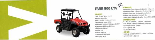 A TWO SEATER UTILITY TASK VEHICLE (UTV)  WITH AN ENGINE CAPACITY OF 471CC AND MAXIMUM POWER OF 15.0KW. TRANSMISSION: L-H-N-R-P. WITH A STANDARD TOWING HITCH. STEERED BY MEANS OF A STEERING WHEEL. SHAFT DRIVEN. WITH DEEP TREAD TYRES AND BRAKES ON ALL WHEELS. WITH MOTORISED WINCH KIT. WITH A TOW BAR CAPABLE OF HAULING A WIDE RANGE OF TRAILERS UP TO 500KG IN WEIGHT. WITH A TIPPING REAR CARRIER FOR PAYLOADS UP TO 180KG IN WEIGHT.