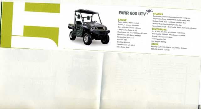 A TWO SEATER UTILITY TASK VEHICLE (UTV)  WITH AN ENGINE CAPACITY OF 608CC AND MAXIMUM POWER OF 12.7KW. TRANSMISSION: L-H-N-R-P. WITH A STANDARD TOWING HITCH. STEERED BY MEANS OF A STEERING WHEEL. SHAFT DRIVEN. WITH DEEP TREAD TYRES AND BRAKES ON ALL WHEELS. WITH MOTORISED WINCH KIT. WITH A TOW BAR CAPABLE OF HAULING A WIDE RANGE OF TRAILERS UP TO 500KG IN WEIGHT. WITH A TIPPING REAR CARRIER FOR PAYLOADS UP TO 180KG IN WEIGHT.